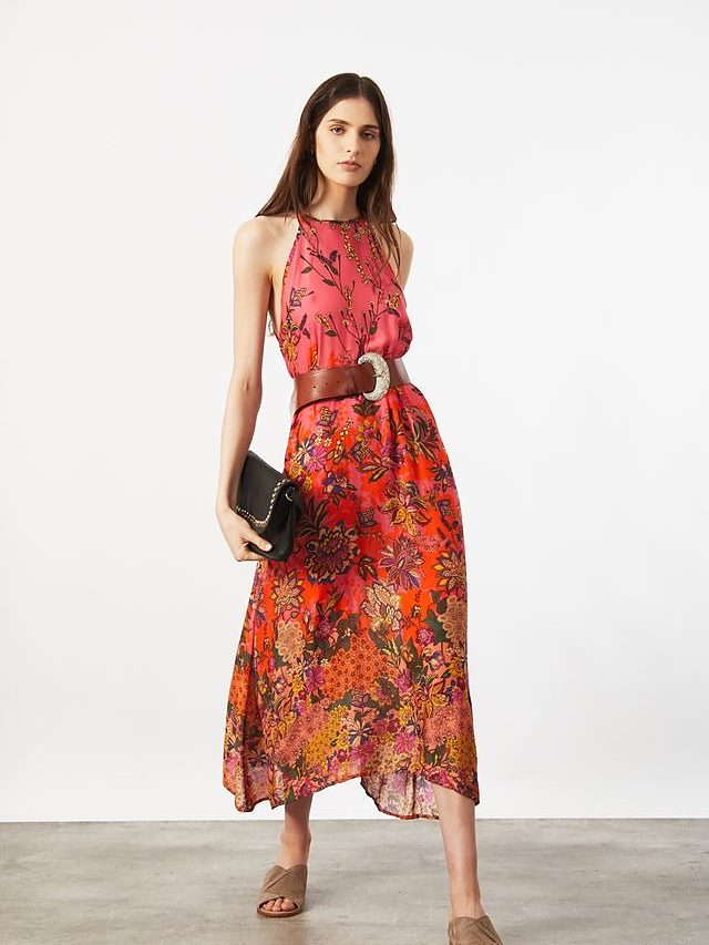 Vestido midi floral con cinto de cuero