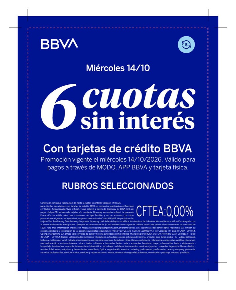 BBVA: 6 cuotas sin interés el miércoles 14 de octubre