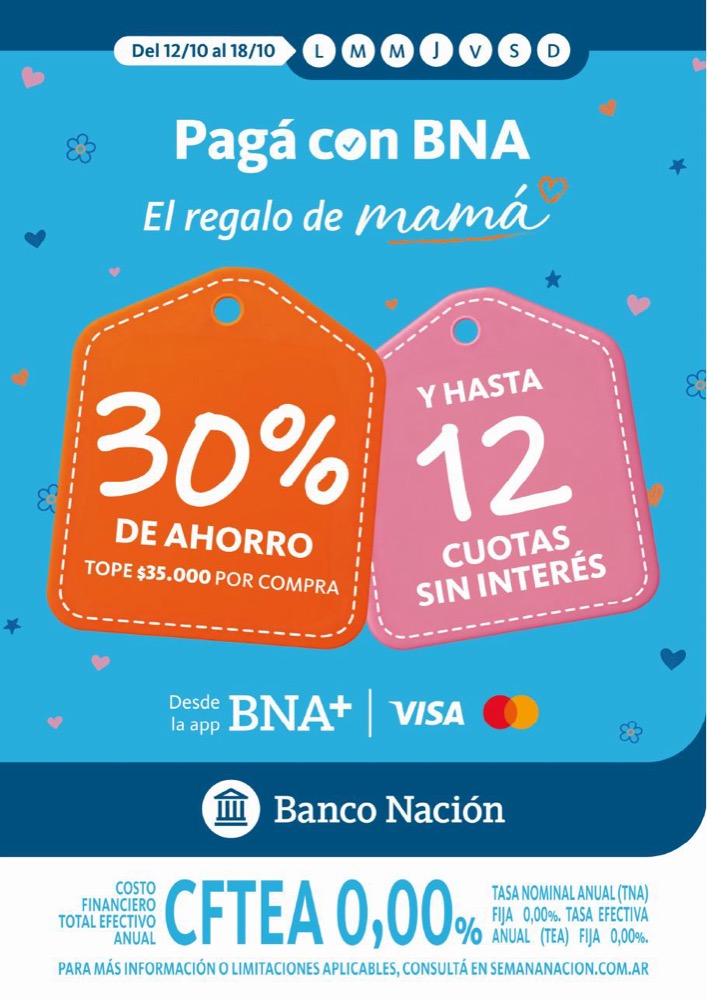 Banco Nación: 30% de ahorro y hasta 12 cuotas sin interés, del 12 al 18 de octubre
