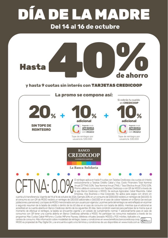 Banco Credicoop: hasta 40% de ahorro y hasta 9 cuotas sin interés, del 14 al 16 de octubre