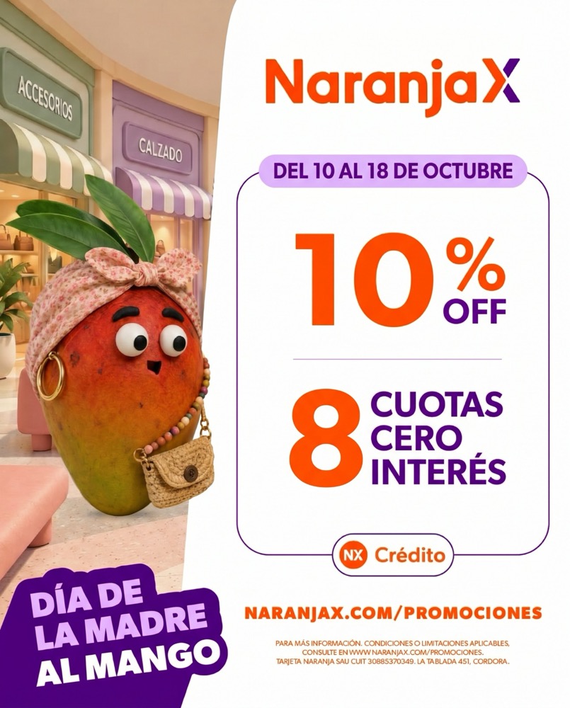 NaranjaX: 10% off y 8 cuotas cero interés, del 10 al 18 de octubre